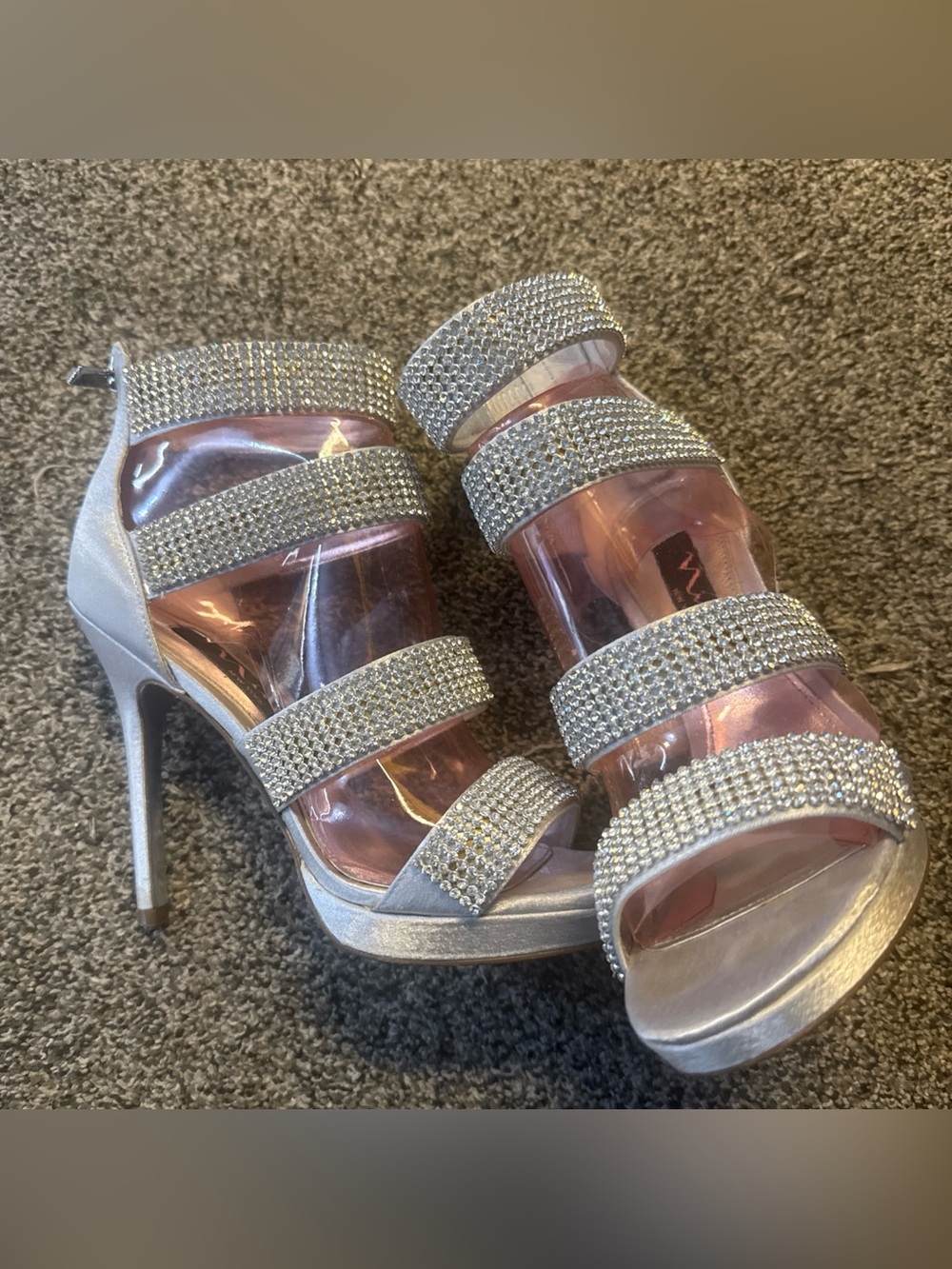 Nina New York Silver High Heels Rhinestone Jeweled Strap Back Zip Size 5.5M